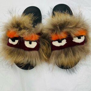 Kids Furry Monster Slides - Black and Brown